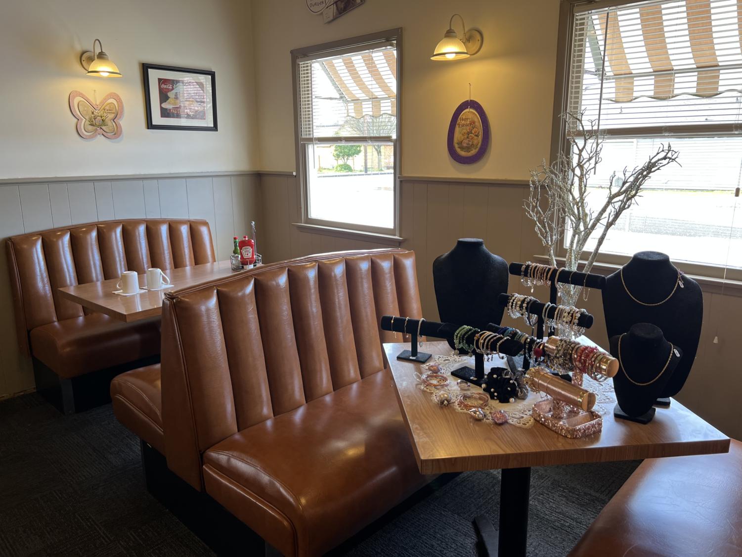 Tan booths and coffee mugs at Mrs. Turner’s