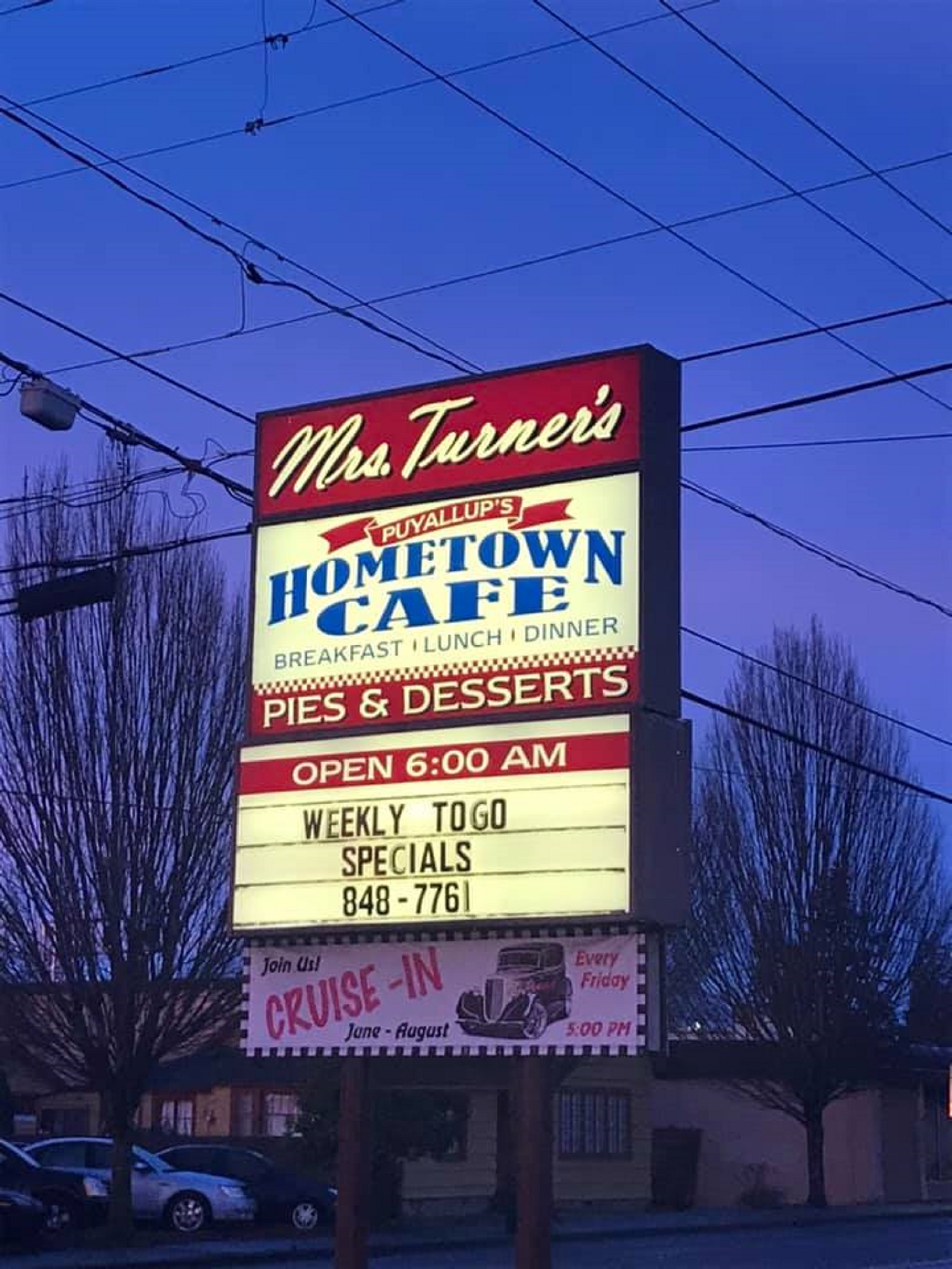 The Mrs. Turner’s Hometown Cafe sign at dusk