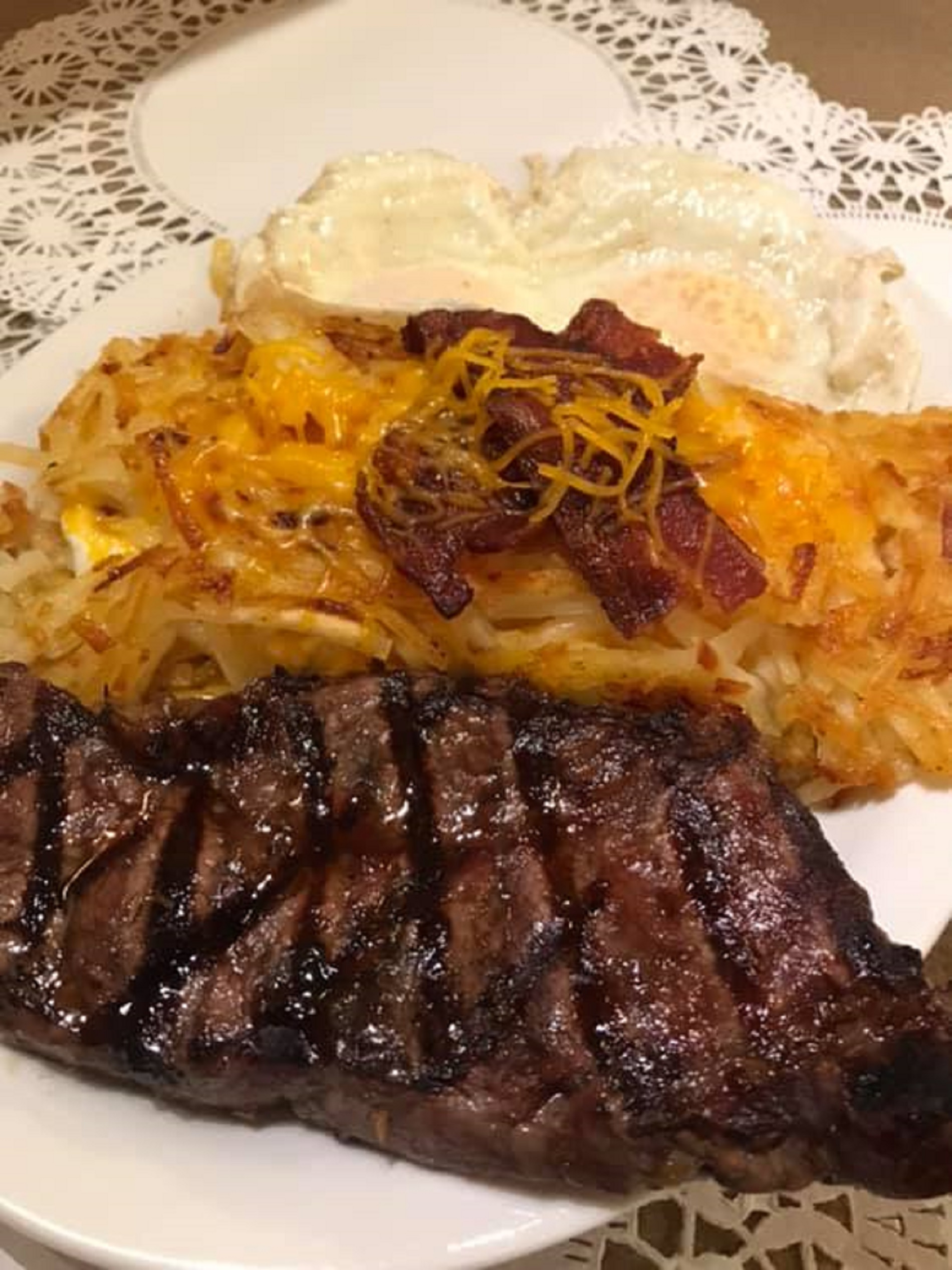 Steak, hash browns, bacon and eggs at Mrs. Turner’s